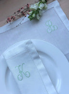 White napkin with green embroidered initials on a wooden table.